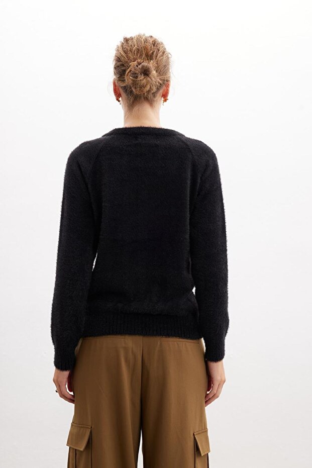 Hazel Pullover Bisiklet Yaka Rahat Kesimı Kadın Triko Kazak - Siyah - 4