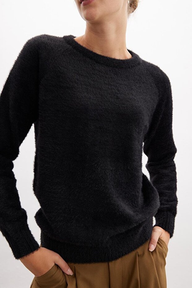 Hazel Pullover Bisiklet Yaka Rahat Kesimı Kadın Triko Kazak - Siyah - 2