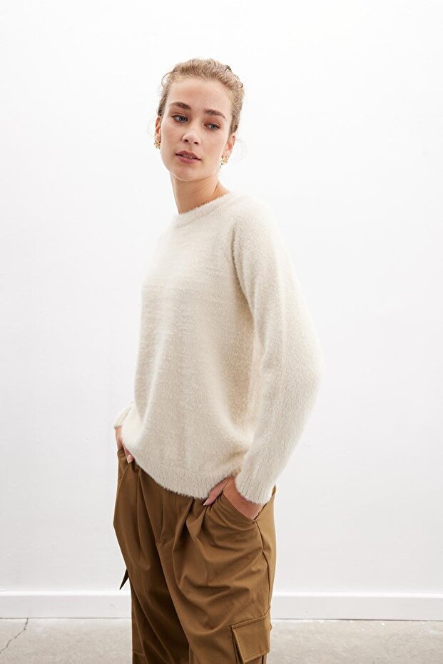 Hazel Pullover Bisiklet Yaka Rahat Kesimı Kadın Triko Kazak - Bej - 3