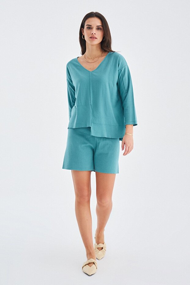 %100 Pamuk Kadın Şort - Turkuaz - 1