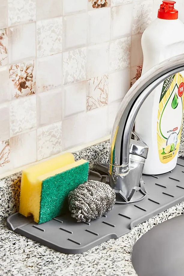 Oluklu Silikon Lavabo Musluk Matı ve Mutfak Sünger Tutucu 2'li Set - Antrasit - 4