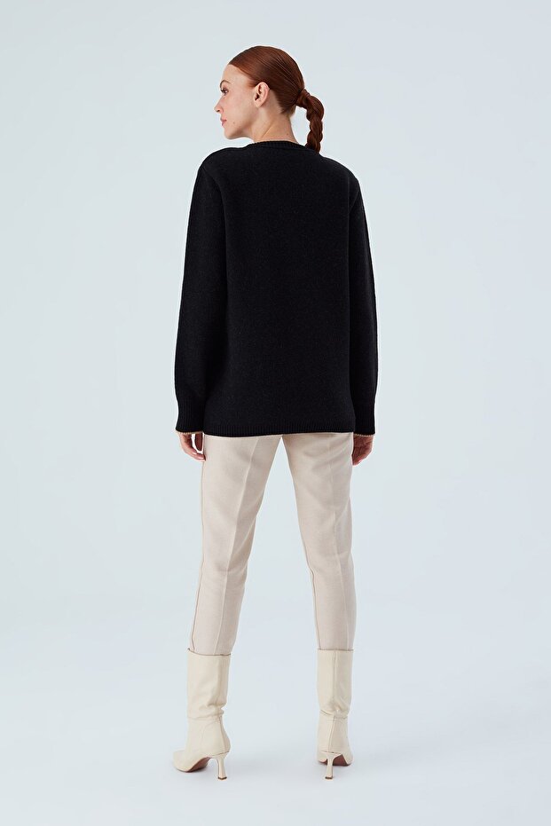 Amarıs Pullover Jakarlı Yünlü Uzun Kadın Triko Kazak - Siyah - 8