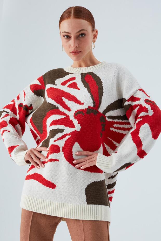 Polına Pullover Çiçek Desenli Uzun Kadın Triko Kazak - Ekru Multi - 5