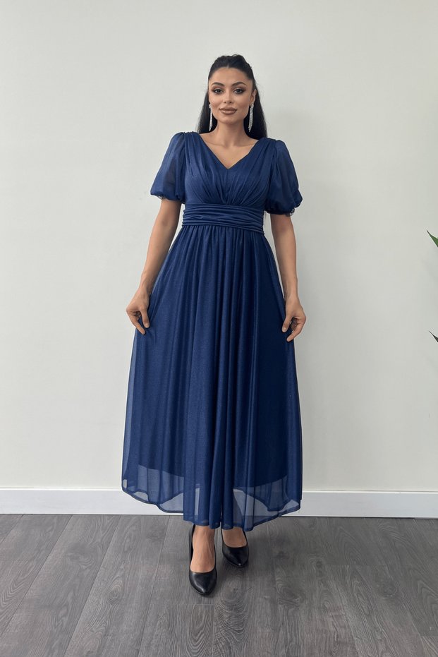Tulle Glitter Fabric Gather Detailed Midi Dress - Dark Blue