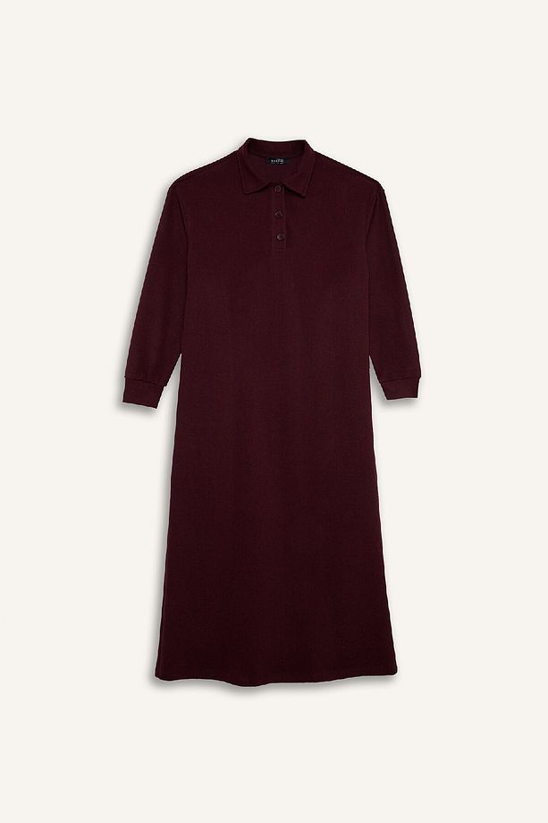 Regular Fit Düğmeli Gömlek Yaka Basic Düz Uzun Kollu Selanik Kumaş Triko Elbise B7260AX24WN - 1