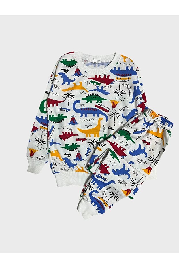 Boy's Cotton White Dinosaur Patterned Long Sleeve Seasonal Pajamas Set