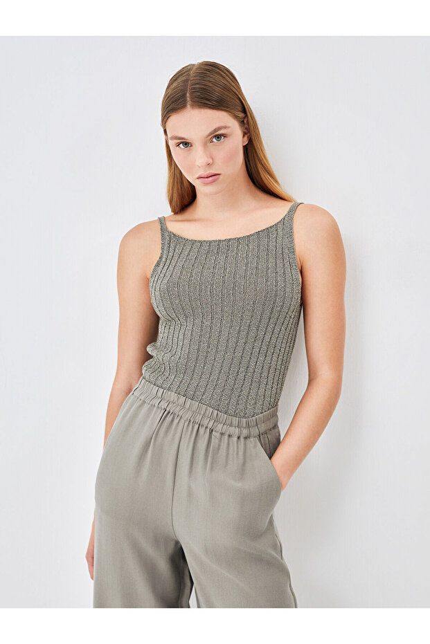 Lcw Vision Khaki Square Collar Textured Women's Knitwear Tank Top