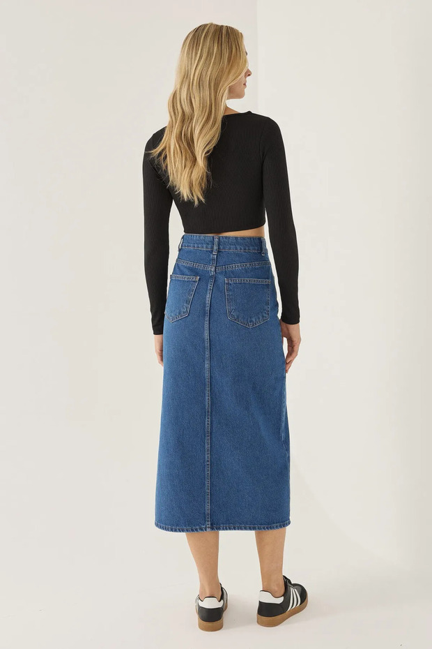 Yırtmaçlı Denim Midi Etek - 7