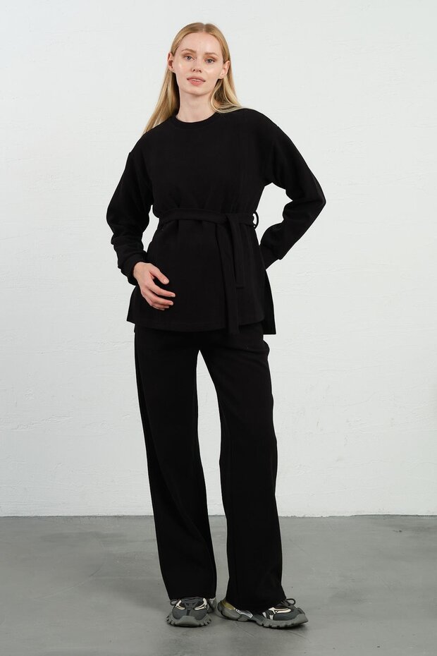 Maternity Breastfeeding Detailed High Waist Wide Leg Soft Textured Thessaloniki Set Black