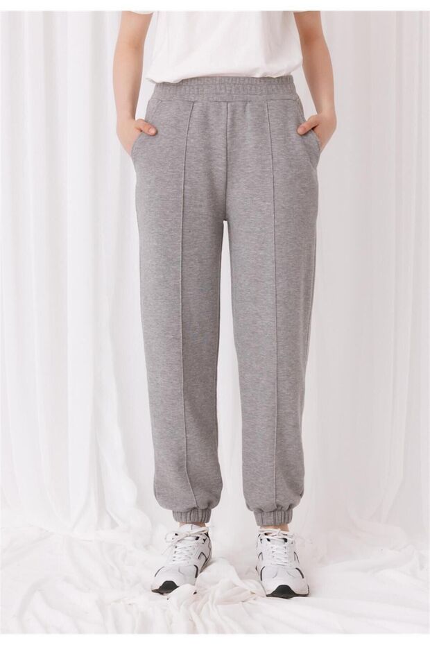 Women's Gray Melange Striped Jogger Sweatpants