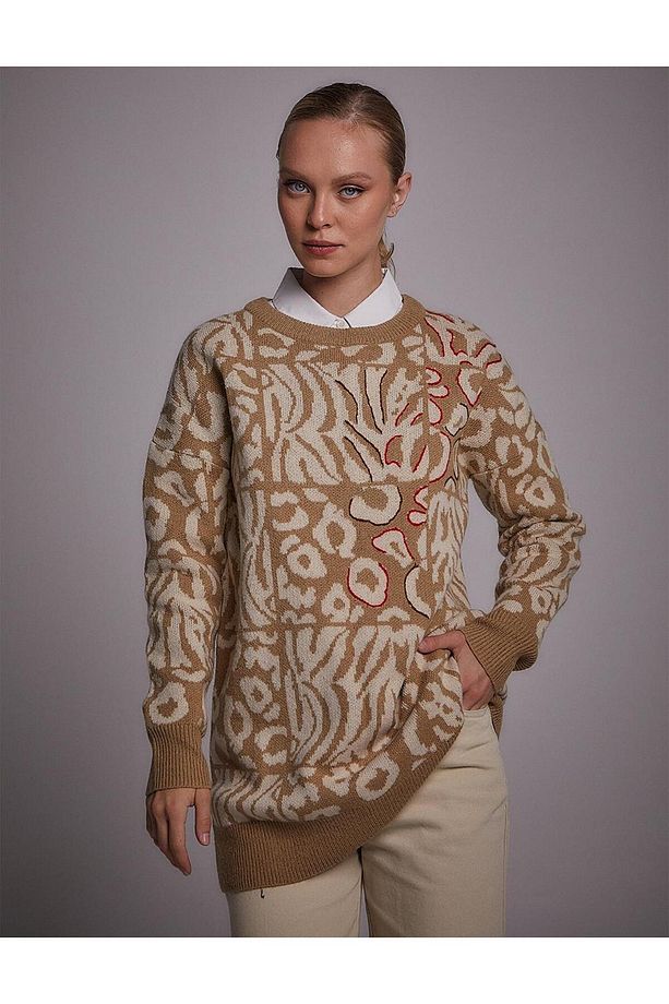 Exclusive Soyut Desenli Triko Tunik Bej-Ekru - 4