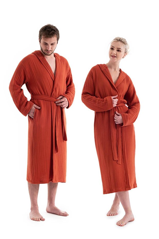 Hooded 4 Layer Brick Color Muslin Bathrobe - Unisex 100% Cotton Bathrobe