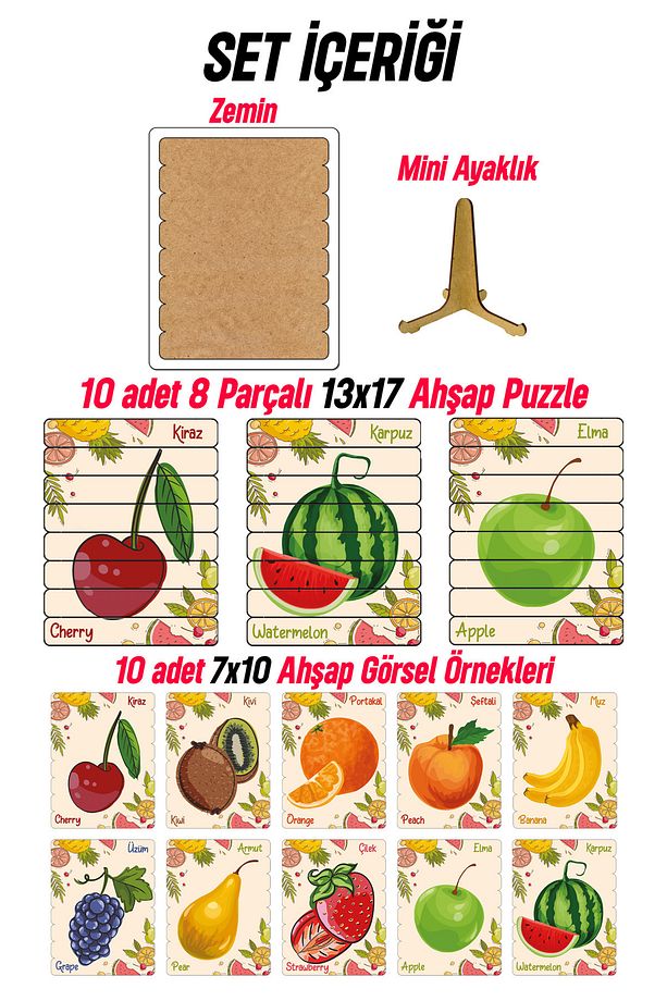 Ahşap Çubuk Puzzle, 10lu Set Puzzle, Meyveler Puzzle, Montesorri Puzzle - 5