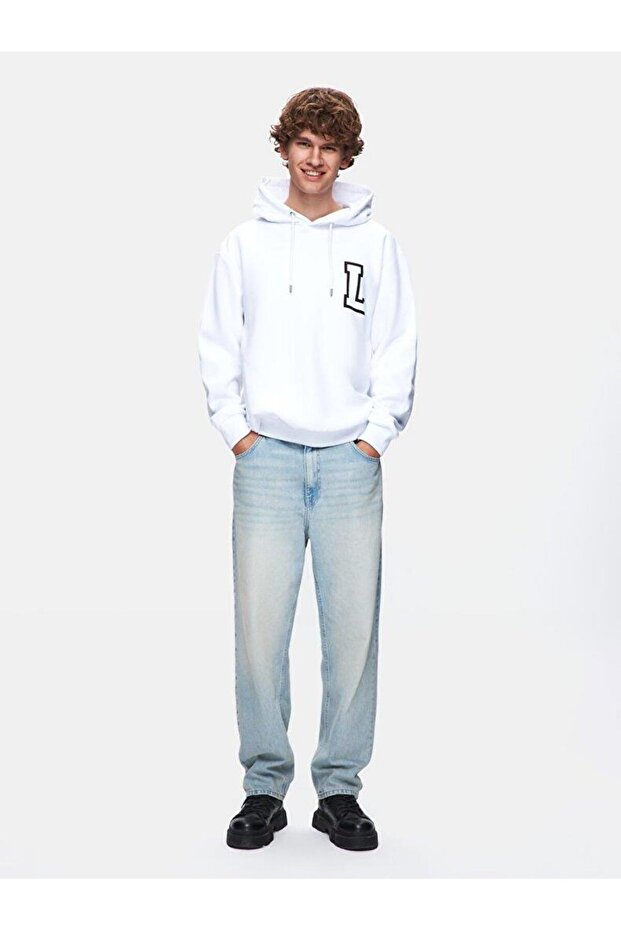Baskılı Kapüşonlu Relaxed Beyaz Sweatshırt - 1