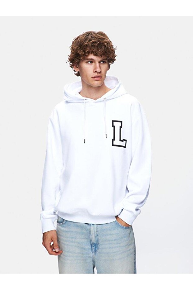 Baskılı Kapüşonlu Relaxed Beyaz Sweatshırt - 2
