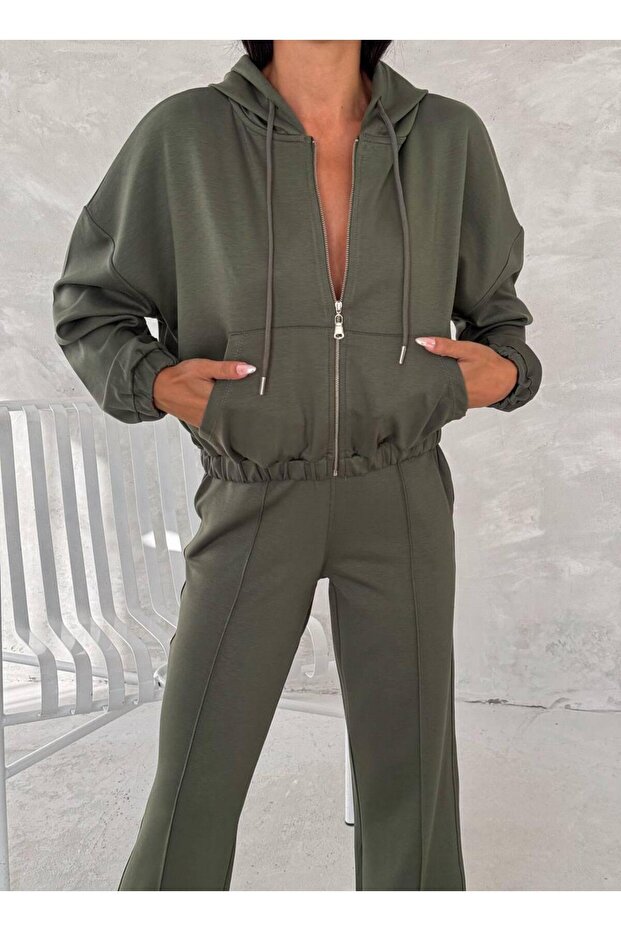 Modal Kumaş Fermuarlı Önü Çımalı Kapüşonlu Takım - 2
