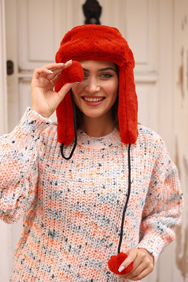 Women's Furry Headphones Plush Hat Rkş-04 Red