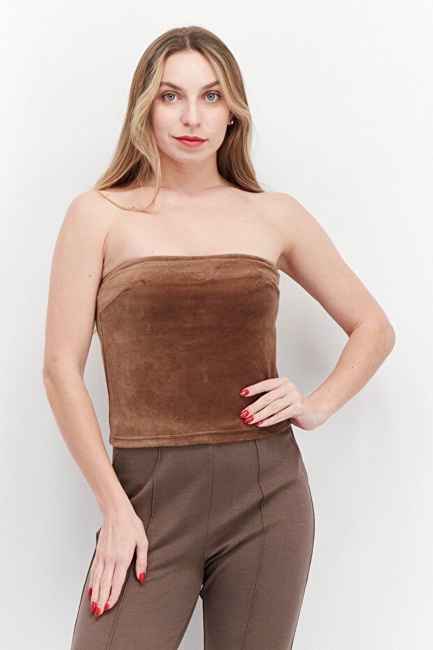 Women Straight Across Strapless Textured Tops, Brown