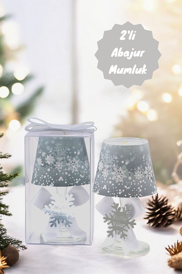 Yılbaşı Kar Tanesi Konseptli Hediyelik Gri Abajur Mumluk Seti 2 Adet - 1