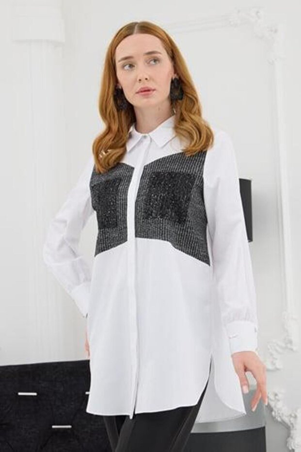 TRİKO DETAYLI PAYET CEPLİ GÖMLEK - 4