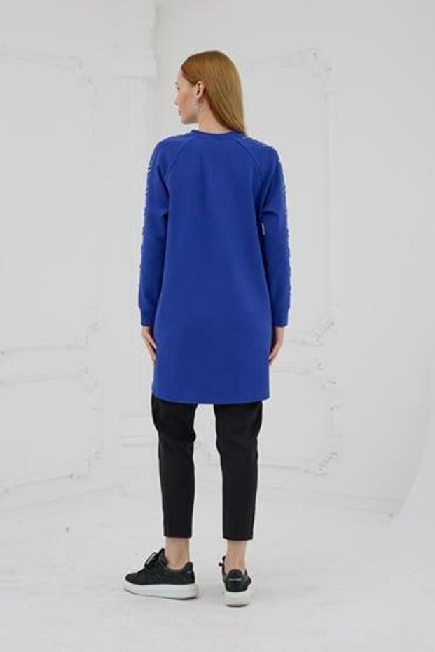 Kolları Çakma Taşlı Önü Cepli Sweatshirt - Saks - 5