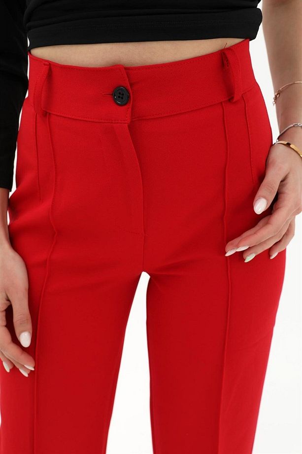 Önü Çimalı Atlas Kumaş Pantolon - Kırmızı - 6