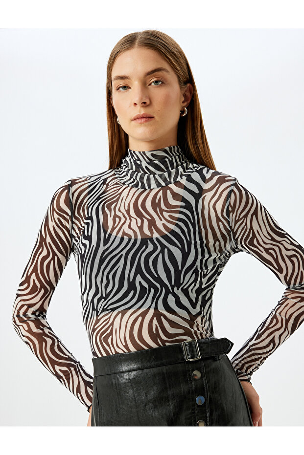 Slim Fit Long Sleeve Stand Collar Zebra Pattern Tulle Transparent T-Shirt