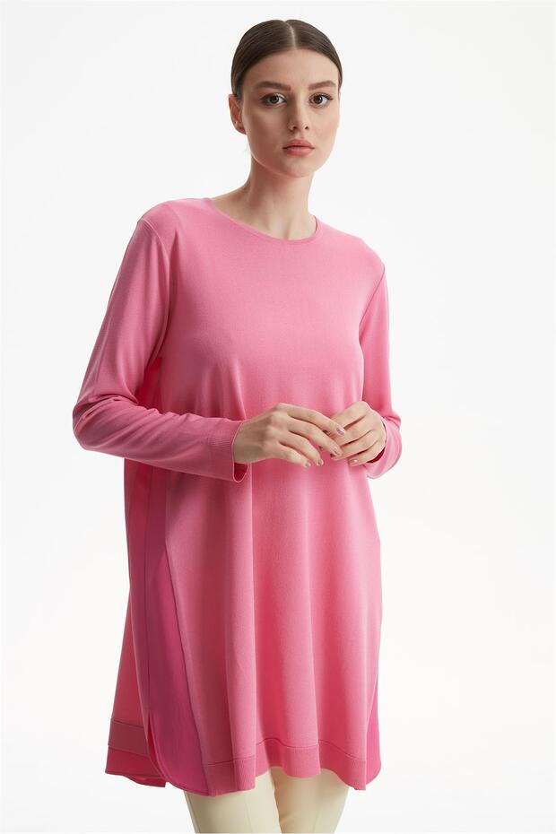 Kumaş Garnili Rayon Basic Triko Tunik Pembe - 3