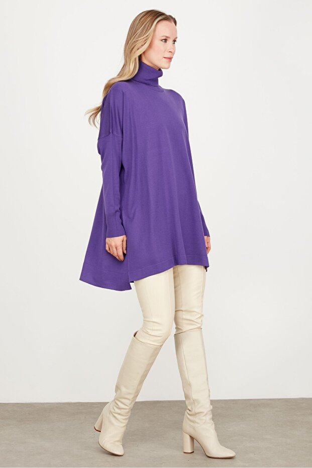 Balıkçı Yaka Oversize Basic Triko Tunik MOR - 2