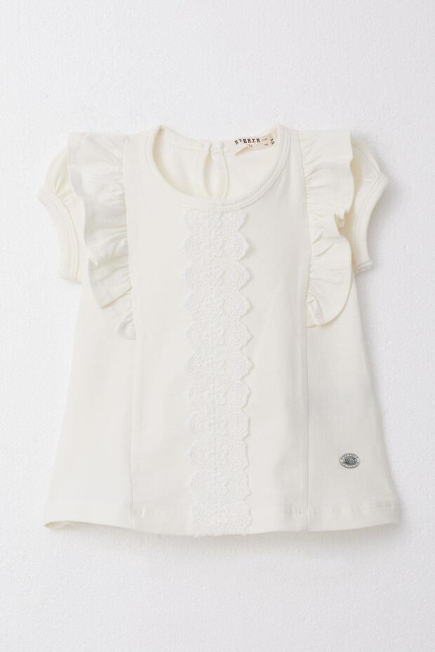 Baby Girl T-Shirt with Ruffles, Embroidery, Guipure Lace, 6 Months-2 Years, Cream