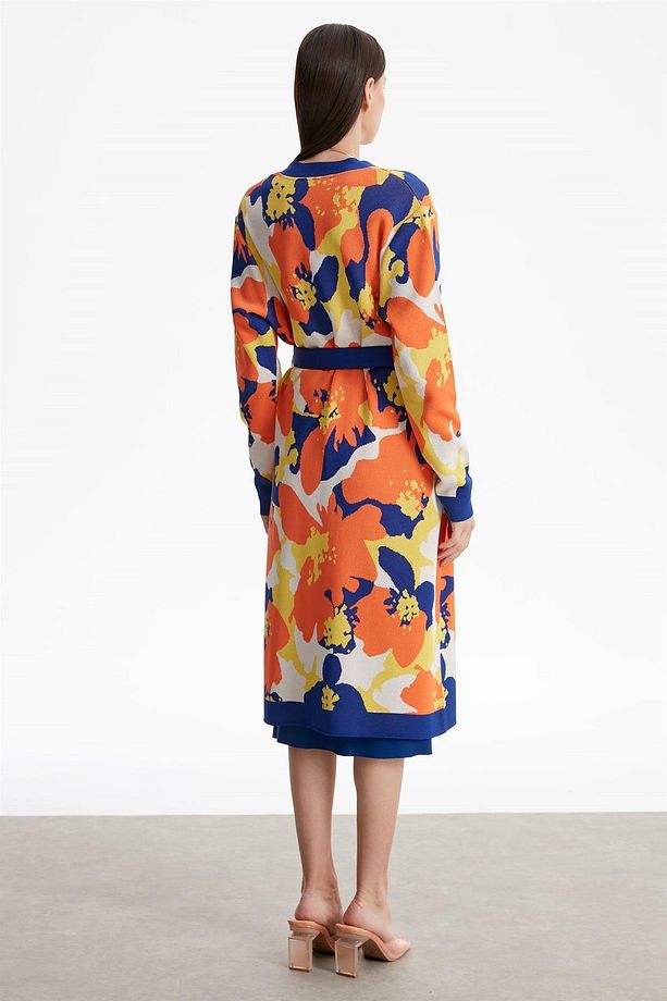Çiçek Desenli Rayon Hırka Saks - 4