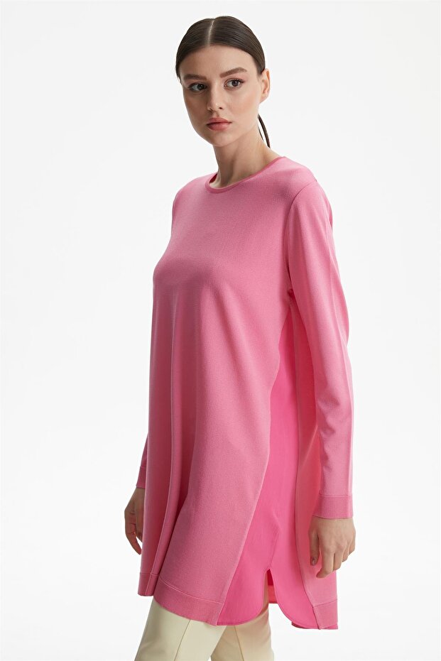 Kumaş Garnili Rayon Basic Triko Tunik Pembe - 1