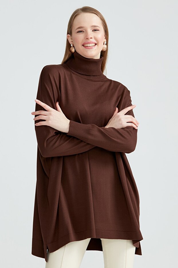 Balıkçı Yaka Oversize Basic Triko Tunik ACI KAHVE - 3