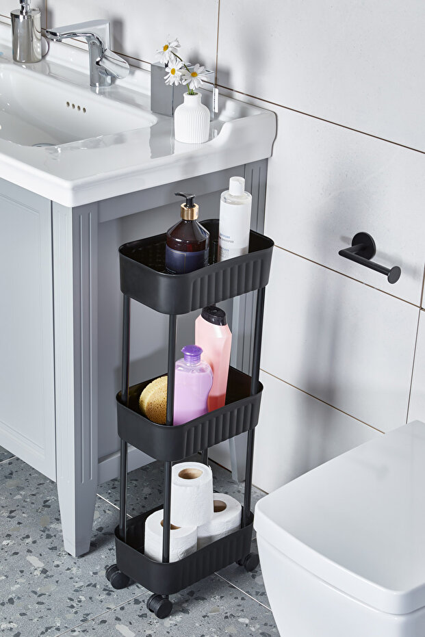 Minty Life Petek Tekerlekli Çok Amaçlı 3 Katlı Banyo Düzenleyici Dolap Tezgah Yanı Organizer (SİYAH)