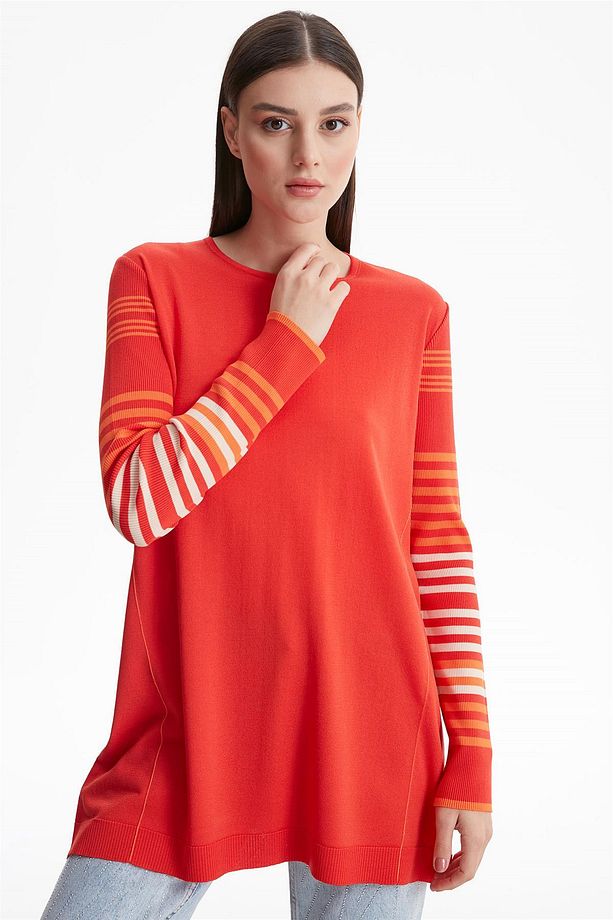 Kolları Çizgili Basic Rayon Triko Tunik Coral - 3