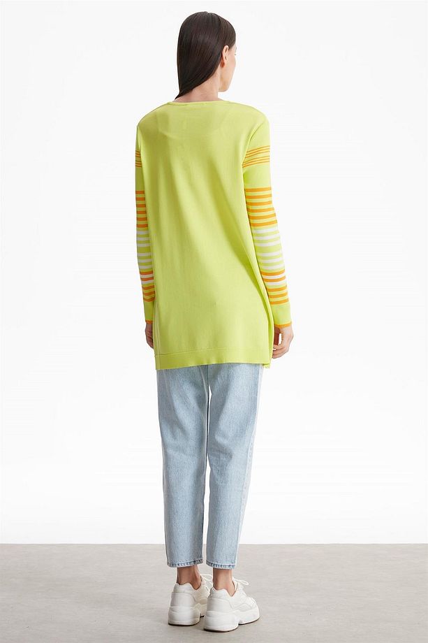 Kolları Çizgili Basic Rayon Triko Tunik Lıme - 4