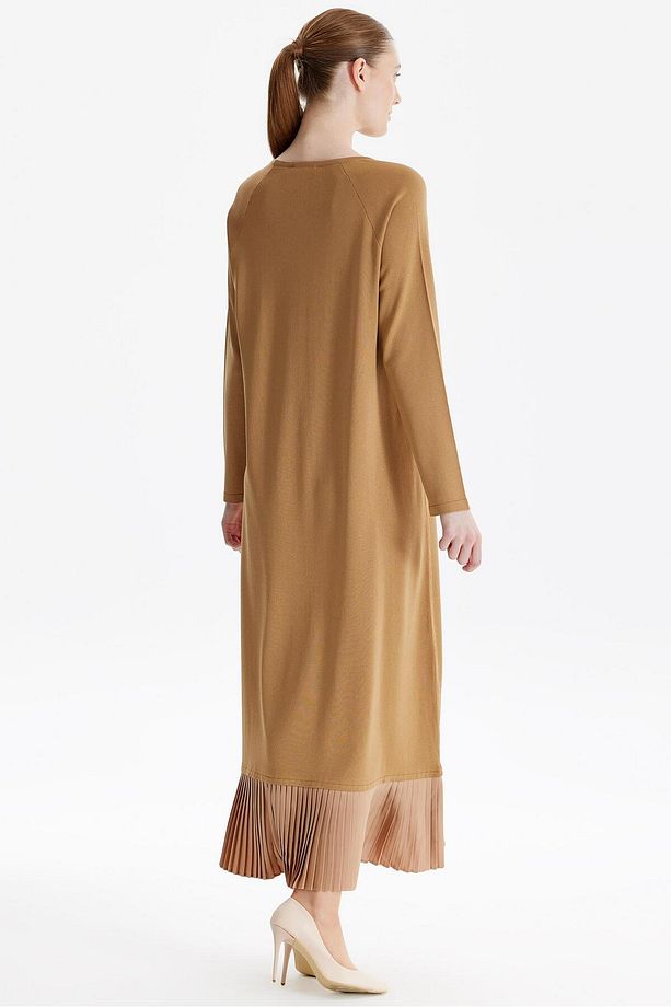 Etek Altı Piliseli Rayon Elbise CAMEL - 4