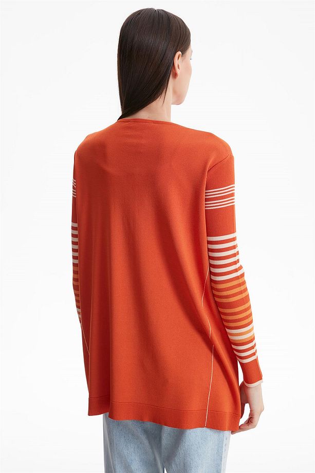 Kolları Çizgili Basic Rayon Triko Tunik Kiremit - 4
