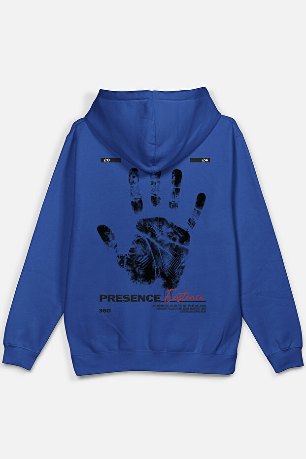 Presence Existence Karma Back Printed Hooded Semi Oversized Sweatshirt Blue Hoodie 1217