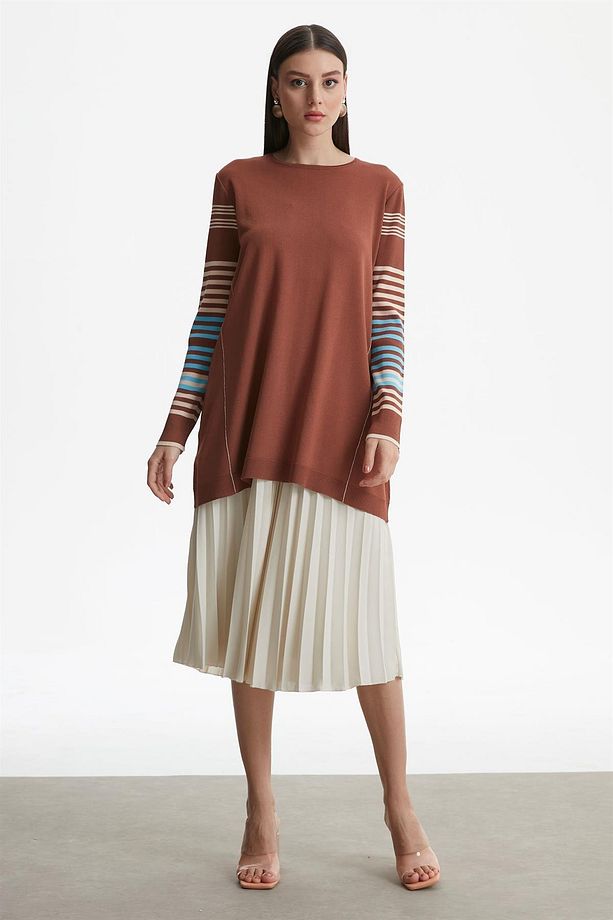 Kolları Çizgili Basic Rayon Triko Tunik Kahve - 1