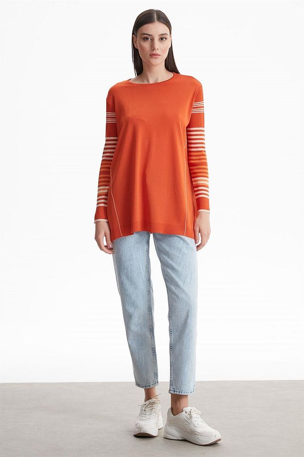 Kolları Çizgili Basic Rayon Triko Tunik Kiremit - 2