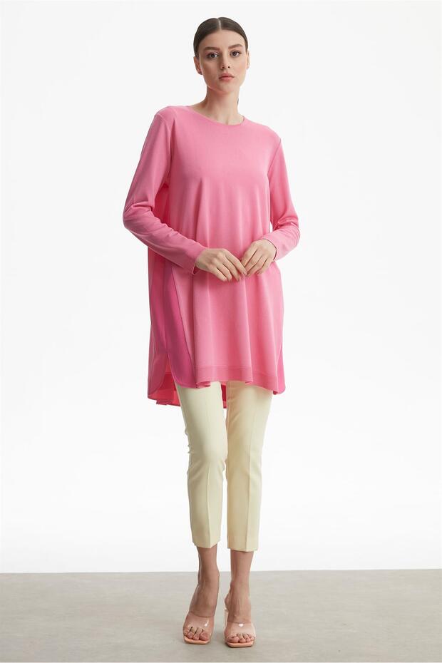 Kumaş Garnili Rayon Basic Triko Tunik Pembe - 2