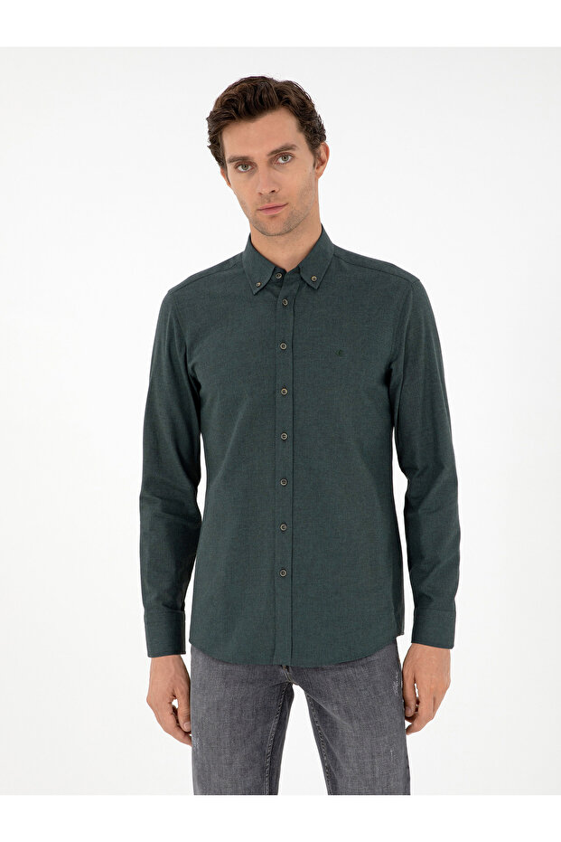 Dark Green Slim Fit Long Sleeve Shirt 50291698-Vr079