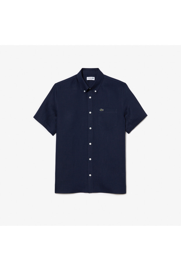 Erkek Regular Fit Kısa Kollu Düğmeli Yaka Keten Lacivert Gömlek - 4