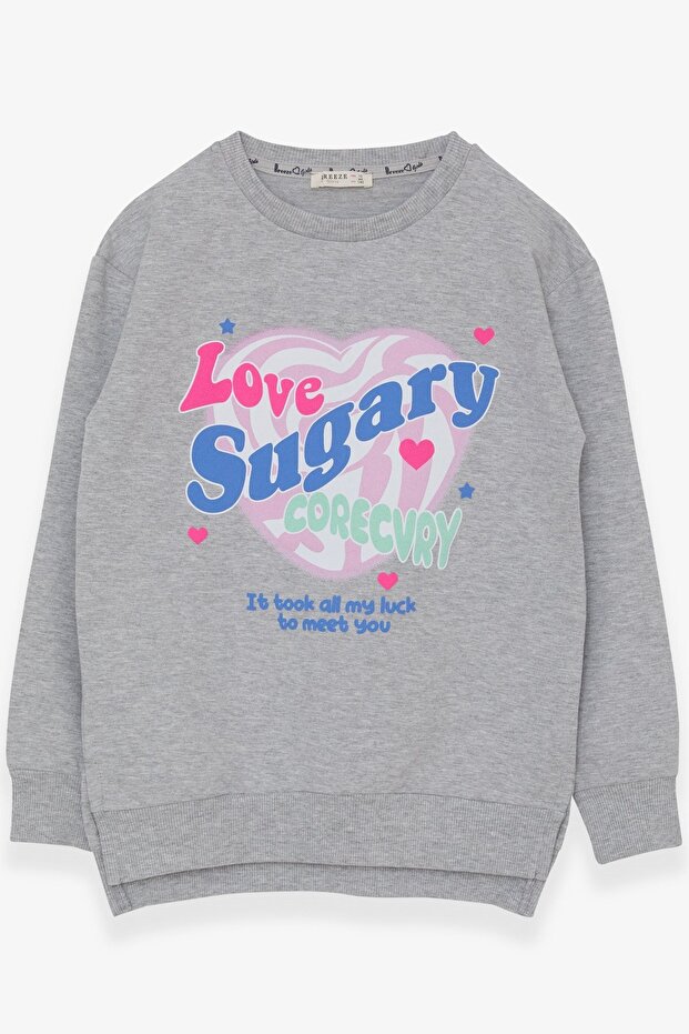 Girl's Sweatshirt with Printed Text and Slits, Ages 9-14, Light Gray Melange
