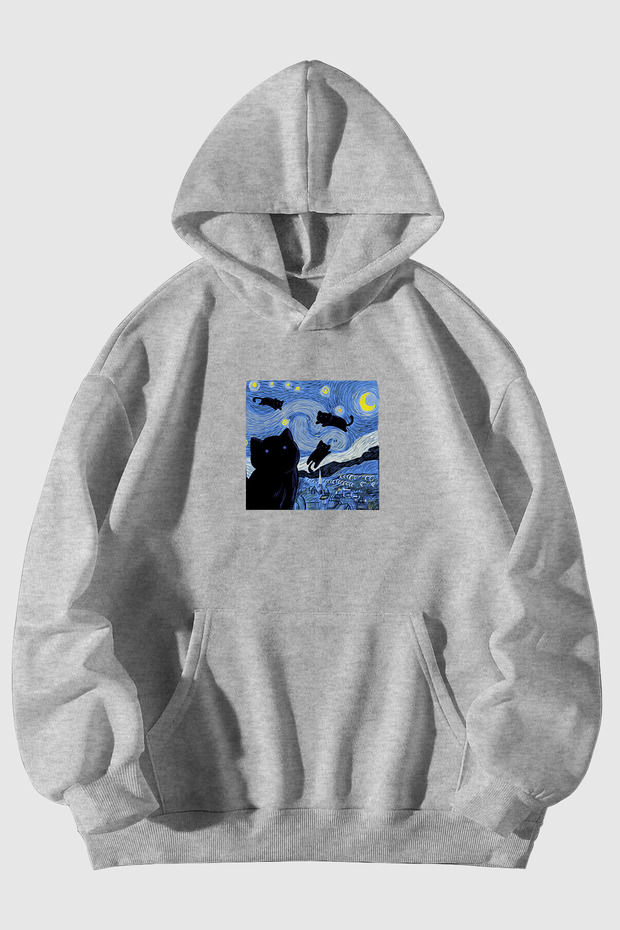 Starry Night Cat Printed Unisex Black Kangaroo Pocket Hooded Sweatshirt Hoodie