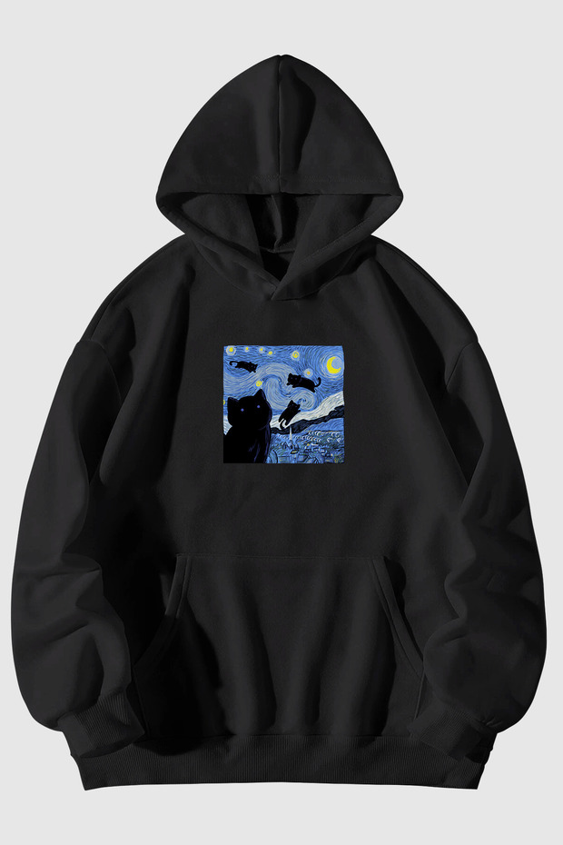 Starry Night Cat Printed Unisex Black Kangaroo Pocket Hooded Sweatshirt Hoodie
