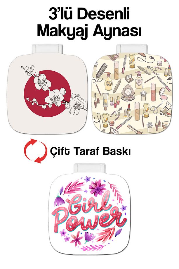 Cep Makyaj Aynası 3'lü Set Uv Baskılı PP Kapaklı Cep Aynaları 001 - 2