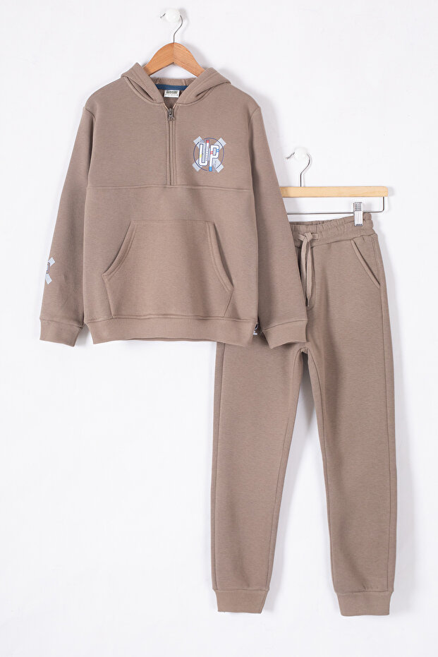 Brown Zippered Collar Hooded Boy's Hooded Tracksuit Set 19617