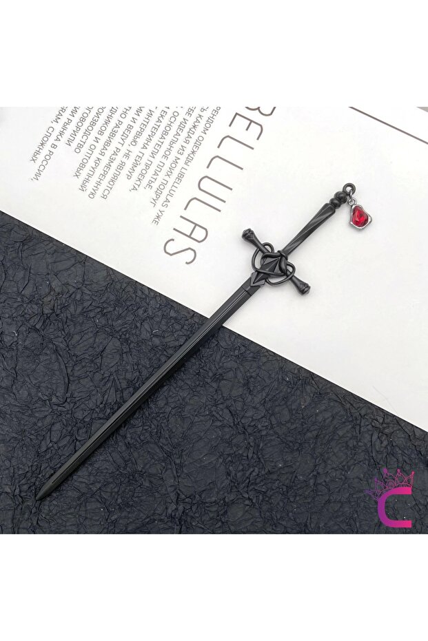 Red Rhine-Stone Stone Dangle Black Sword Design Metal Hair Bun Clip 20cm - Stick Bun Clip